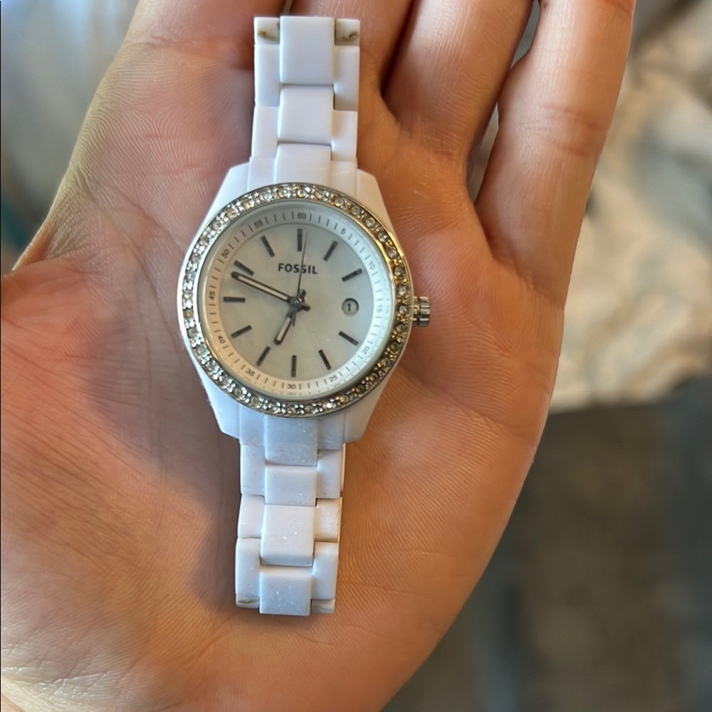 Fossil White and Silver Watch with Crystal Details